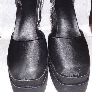 Women Silk Satin Rhinestone Belt Platform Pumps Shoes Ankle Strap Chunky Block H